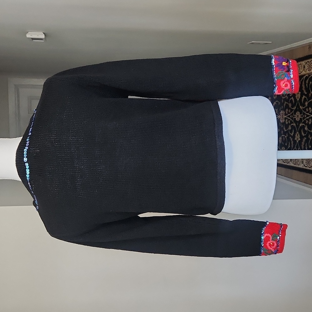 Vintage 90s Embroidered Floral Sweater Retro Black Knit Pullover M - Picture 4 of 14